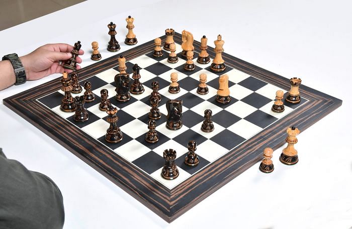 Combo of 1959 Reproduced Russian Zagreb Staunton Series Chess Set in Burnt & Natural Boxwood & Tiger Ebony Maple Chess Board - 3.75" King