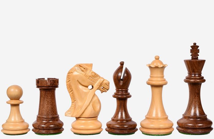 The Bridle Knight Series Weighted Wood Chess Pieces in Sheesham (Golden Rosewood) & Boxwood - 4.2" King, Extra Queens