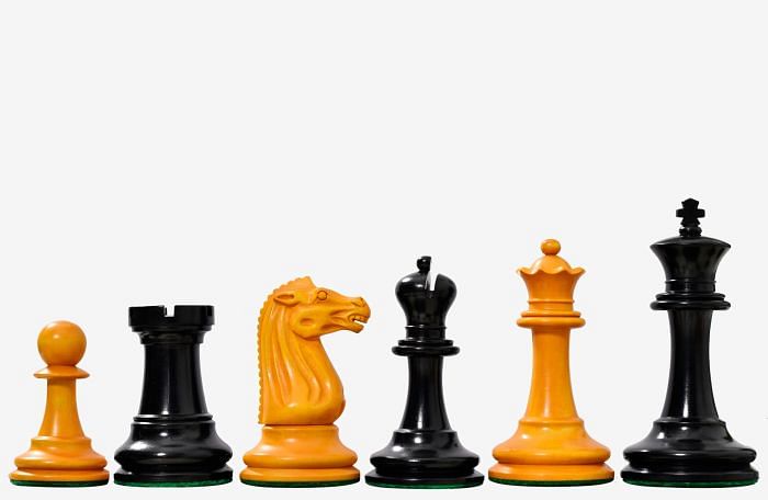 Circa 1887 Turner Teich Soviet-Staunton Style Weighted 4" Chess Pieces in Ebony & Golden Antique Boxwood