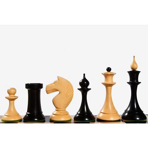 The 1950s Soviet (Russian) Latvian Reproduced Chess Pieces in Ebonized Boxwood & Natural Boxwood - 4.1" King