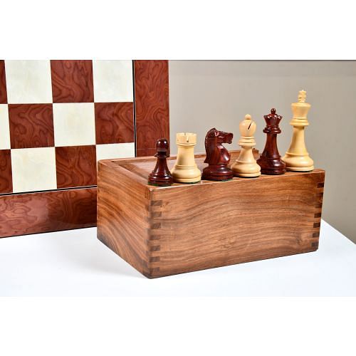 1972 Repro Fischer-Spassky Pattern Chess Pieces V2.0 in Bud Rosewood / Boxwood - 3.75" King with Box & Board