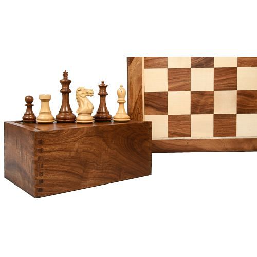 Desert Gold Chess Pieces in Sheesham / Boxwood - 4.0" King with Board & Storage Box