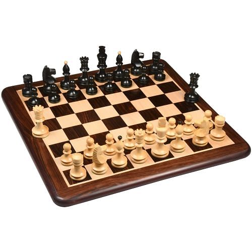 Repro Romanian-Hungarian National Tournament Pieces in Ebonized/Boxwood - 3.8" King with Board