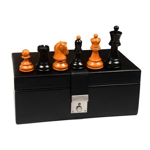 1950 Repro Dubrovnik Bobby Fischer Chessmen V3.0 in Ebonized/Antiqued boxwood - 3.7" King with Box