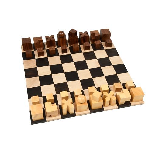 Repro 1924 Bauhaus Geometrical Chessmen in Sheesham / Boxwood King With Folding Board - 1.9" King