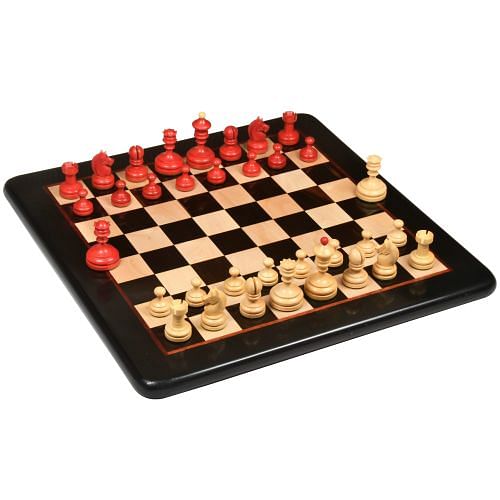 Repro Vintage 1930 German Knubbel Chess Set in Stained Crimson / Boxwood with Board