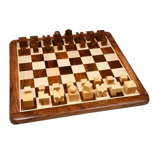Repro 1924 Bauhaus Geometrical Chessmen in Sheesham Boxwood - 1.9" King with Board