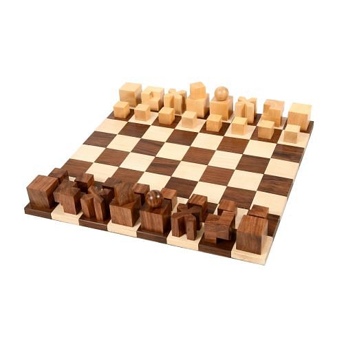 Repro 1924 Bauhaus Geometrical Chessmen in Sheesham/Boxwood - 1.9" King with Folding Board