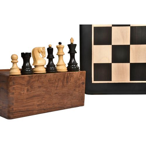 Old 1959 Russian Zagreb Chess Pieces in Finish Ebonized / Boxwood - 3.8" King with Box & Board 
