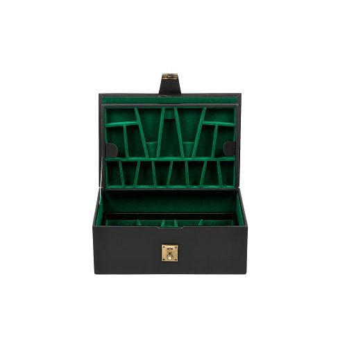 Leatherette Chess Set Storage Box with Double Tray Fixed Slots for 4" - 4.25" Pieces in Black