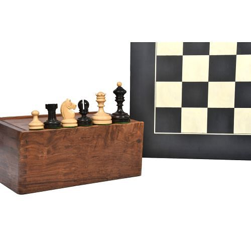 Combo of Reproduced Vintage 1930 German Knubbel Analysis Chess Pieces in Ebonized and Natural Boxwood - 3" King with Chess Board and Storage Box 
