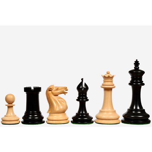 Reproduced Antique 1865-70 Steinitz Staunton Pattern Chess Pieces in Ebony / Box Wood with King Side Stamping - 3.75" King