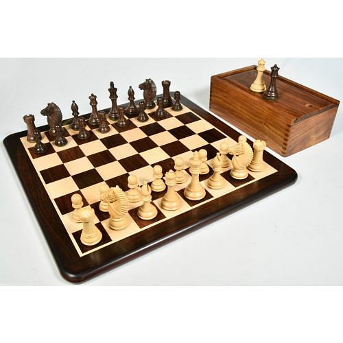 Bridle Knight Chess Pieces in Indian Rosewood/Boxwood With Board and Box- 4.1" King 