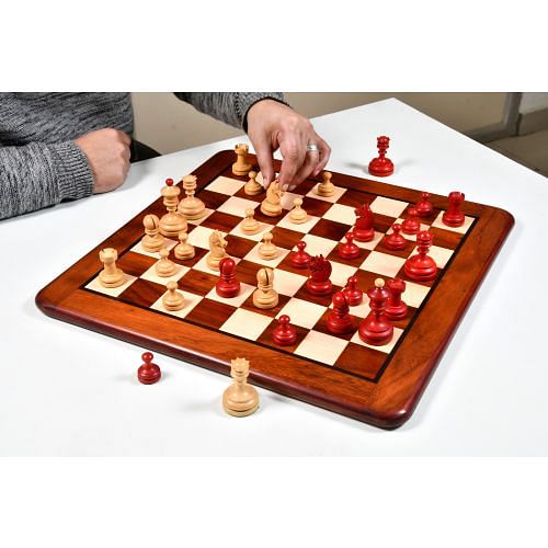 Repro Vintage 1930 German Knubbel Chess Set in Stained Crimson / Boxwood  - 3" King with Board 