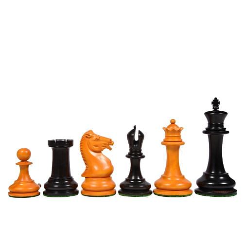 Reproduced Circa 1852 Harrwitz Staunton Pattern Chess Pieces in Ebony / Antiqued Box Wood with King Side Stamping - 4.5" King