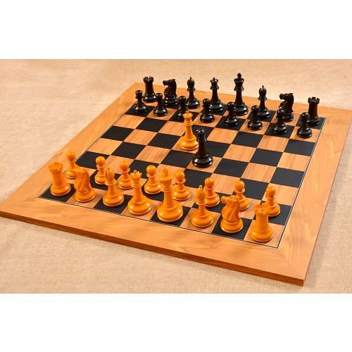 Combo of Reproduced Antique 1900 Marshall Staunton Pattern Chess Pieces in Ebony / Antiqued Box Wood 3.75" King with King Side Stamping & Deluxe Black Dyed Poplar/Olive with Matte Finish Chess Board - 55mm