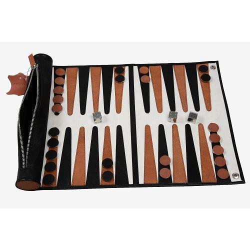 Genuine Leather Roll-up Backgammon Set in Black & Brown Color