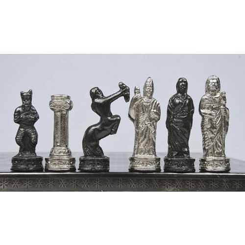 Clearance - Solid Handmade Brass Chess Pieces With Premium Chess Board in Shiny Grey & Silver Color