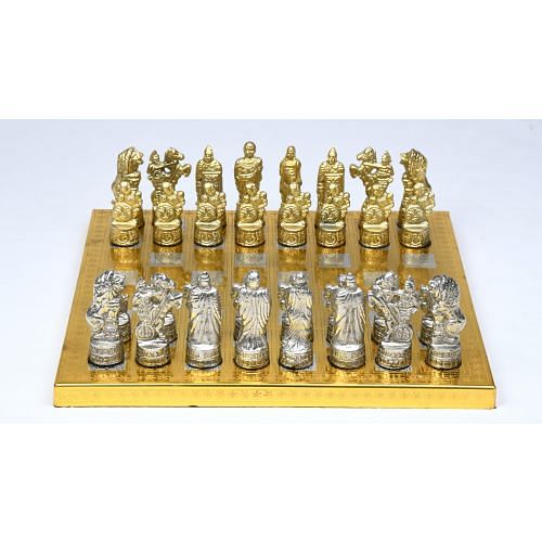 Clearance - Brass Metal Luxury Chess Pieces & Board Combo Set in Shiny Gold and Silver Color