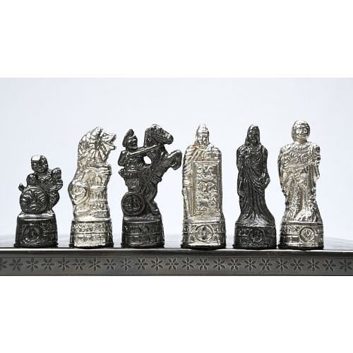 Clearance - Brass Metal Luxury Chess Pieces & Board Combo Set in Shiny Grey and Silver Color