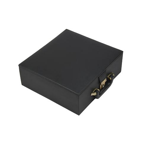 Black Leatherette Chess Set Storage Box Coffer with Double Tray Fixed Slots for 3.75" - 4.1" Pieces