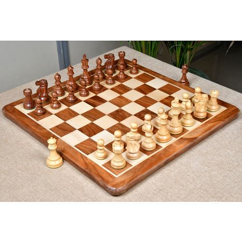 Repro 1972 Reykjavik Championship Chess Pieces in Sheesham/Boxwood - 3.7" King with Board