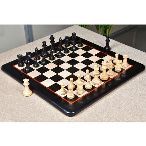 Canadian Staunton Chess Pieces in Ebonized/Boxwood  with Board - 3.3" King