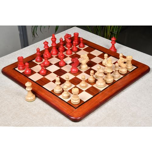 Combo of Special Edition Reproduced Vintage 1950's Circa Bohemia Staunton Series German Chess Pieces in Stained Crimson Boxwood with Blood Red Bud Rose Wood Chessboard - 3.89" King