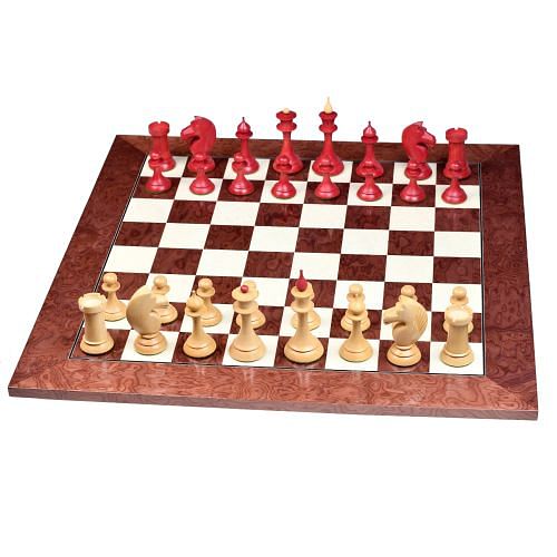 The 1950s Soviet (Russian) Latvian Chess Pieces in Stained Crimson / Box Wood With Board & Box - 4.1" King