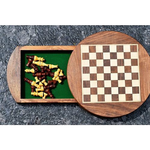 Travel Series Round Magnetic Chess Set In Sheesham & Maple Wood