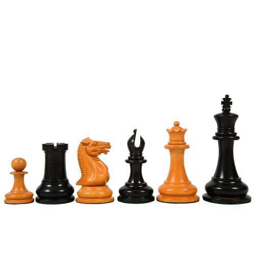 Reproduced 1849 Original Staunton Pattern Triple Weighted Chess Pieces in Genuine Ebony & Antiqued Boxwood - 4.5" King w/ King Side Stamping