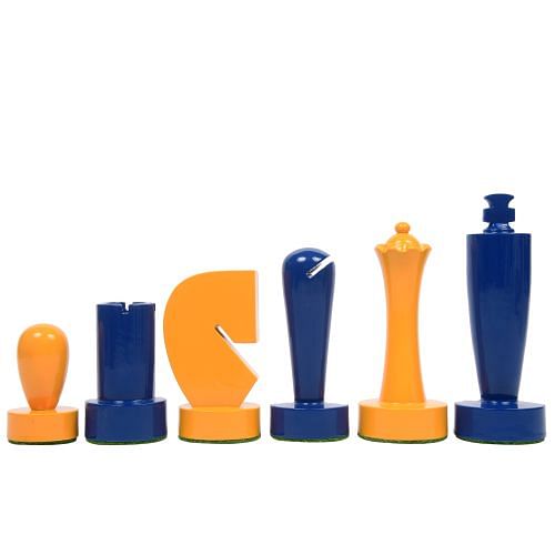 Berliner Series Modern Minimalist Chess Pieces in Blue and Yellow Painted Box Wood - 3.7" King