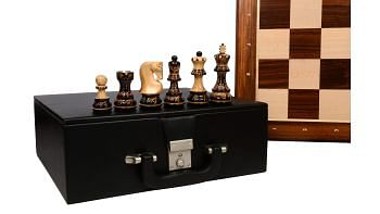 1959 Reproduced Russian Zagreb Series Chess Pieces in Burnt Boxwood - 3.89" King  with Box & Board