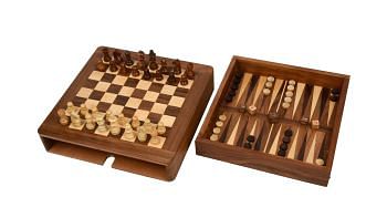 Slightly Imperfect Travel Series Magnetic Chess Set in Sheesham & Box Wood With Board, Dice & Stones