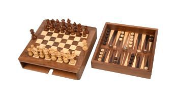 Slightly Imperfect Travel Series Magnetic Chess Set in Sheesham & Box Wood With Board, Dice & Stones