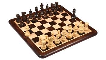 Repro French Lardy Tournament Chess Pieces in Indian Rosewood / Boxwood - 3.75" with Board