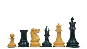 Reproduced 1849 Original Staunton Pattern Chess Pieces Painted in Dark Olive Green and Earth Yellow - 4.5" King