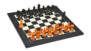 Combo of 1950 Reproduced Dubrovnik Bobby Fischer Chessmen Version 3.0 in Ebonized & Antiqued boxwood - 3.7" King with Wooden Chess Board 19.6" - 50 cm