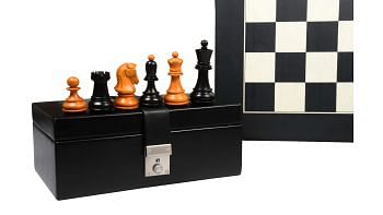 1950 Repro Dubrovnik Bobby Fischer Chessmen Version 3.0 in Ebonized & Antiqued boxwood - 3.7" King with Box & Board