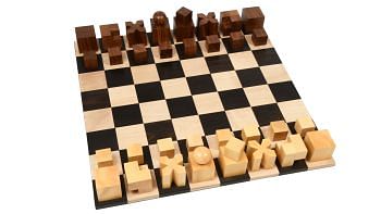 Repro 1924 Bauhaus Geometrical Chessmen in Sheesham / Boxwood King With Folding Board - 1.9" King