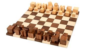 Repro 1924 Bauhaus Geometrical Chessmen in Sheesham/Boxwood - 1.9" King with Folding Board