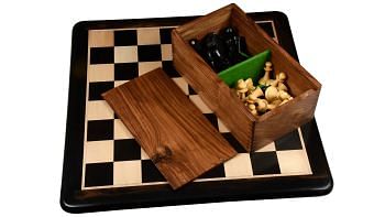 Combo of The 1950s Soviet (Russian) Latvian Reproduced Chess Pieces in Ebonized Boxwood & Natural Boxwood - 4.1" King with Wooden Large Tournament Chess Storage Box and Wooden Chess Board