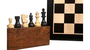 Repro French Lardy Chess Pieces in Ebonized / Boxwood - 3.75" King with Board & Box