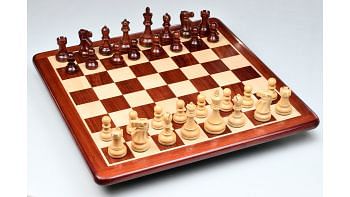 Repro 1972 Reykjavik Championship Chess Pieces in Bud Rosewood/Boxwood with Board & Box- 3.7" King