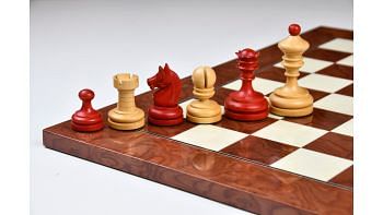 Combo of Reproduced Vintage 1930 German Knubbel Analysis Chess Pieces in Stained Crimson and Boxwood - 3" King with Chess Board