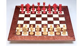 The 1950s Soviet (Russian) Latvian Chess Pieces in Stained Crimson / Box Wood With Board & Box - 4.1" King