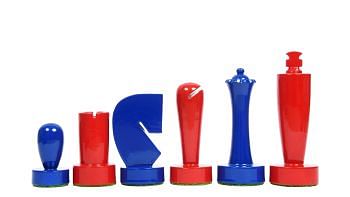 Berliner Series Modern Minimalist Chess Pieces in Red and Blue Painted Box Wood - 3.7" King