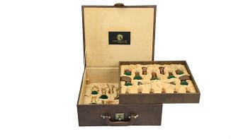 Brown Leatherette Chess Set Storage Box Coffer with Double Tray Fixed Slots for 4.2" - 4.8" Pieces