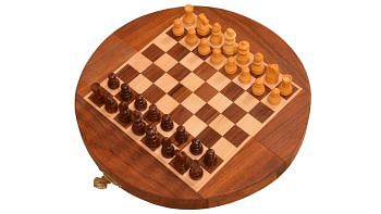 Slightly Imperfect Travel Series Folding Magnetic Round Shape Chess Set In Sheesham wood
