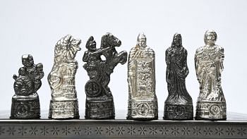 Clearance - Brass Metal Luxury Chess Pieces & Board Combo Set in Shiny Grey and Silver Color